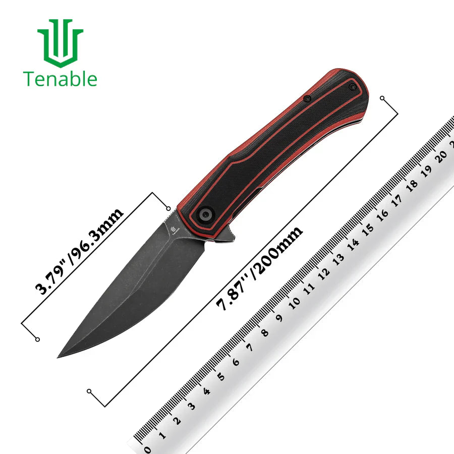 Tenable Kratos T1024A1 – 3.79" Nitro-V Blackwash Drop Point Blade, Black & Red G10 Handle, Liner Lock – Designed by Ostap Hel