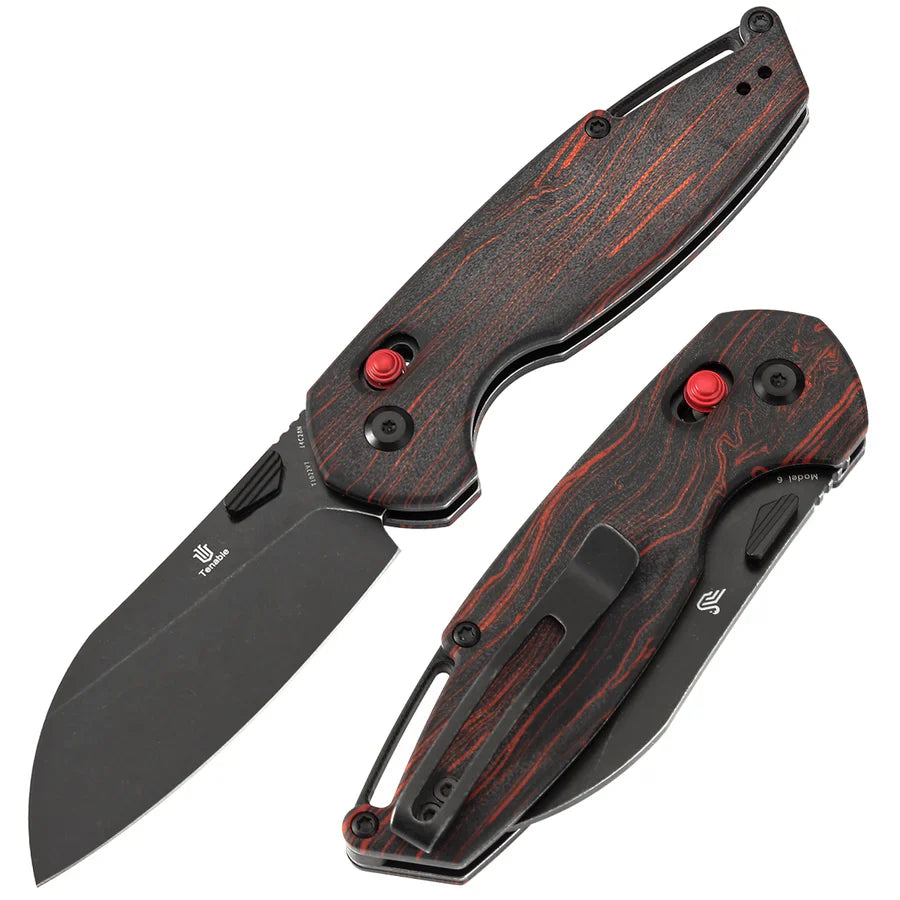 Tenable Model 6 T1022V7 – 3.1" Blackwash 14C28N Sheepsfoot Blade, Red & Black G-mascus Handle, Crossbar Lock – Designed by Nick Swan