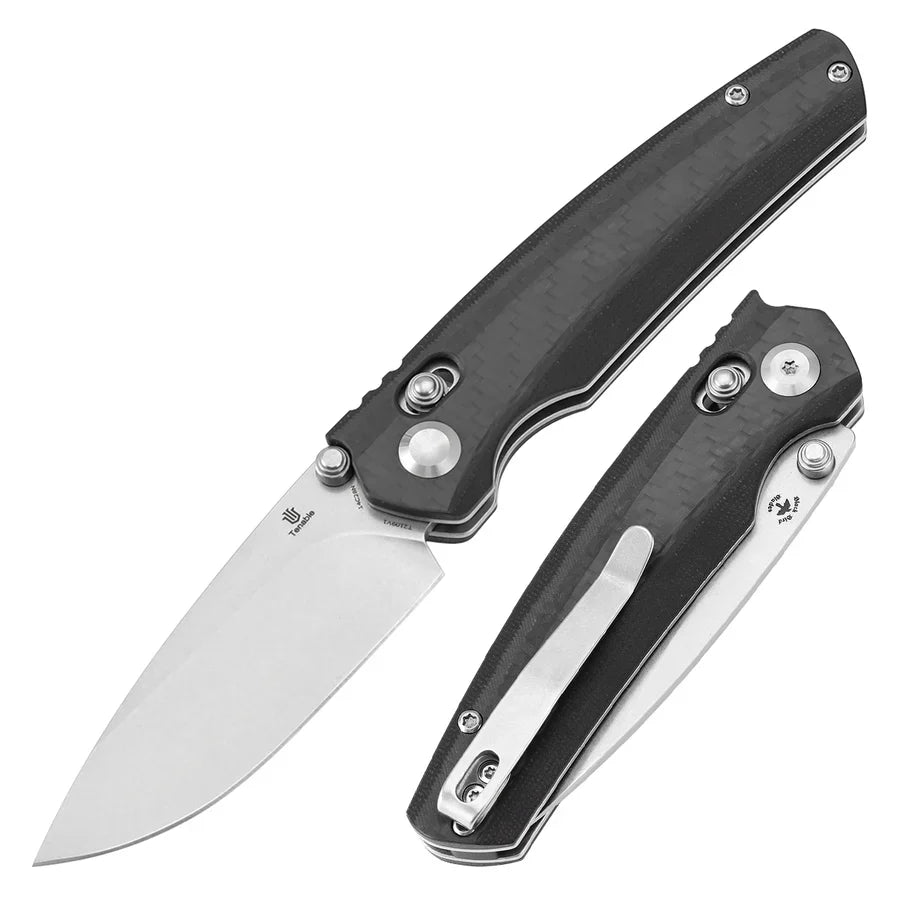 Tenable Raven T2109V1 â€“ 3.14" Stonewashed 14C28N Drop Point Blade, Twill Carbon Fiber Laminate over G10 Handle, Crossbar Lock â€“ Designed by Black Bird Blades