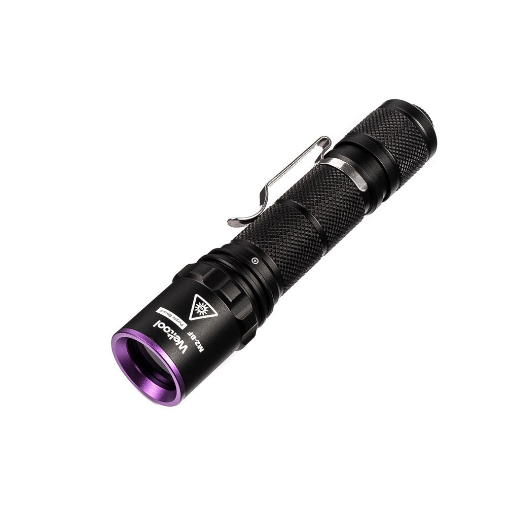 Weltool M2-BF 365nm UV black light flashlight, front view