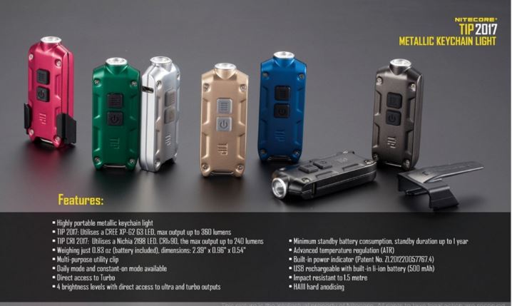 Nitecore TIP 2017 USB Rechargeable 360 Lumen CREE XP-G2 Keychain Flashlight
