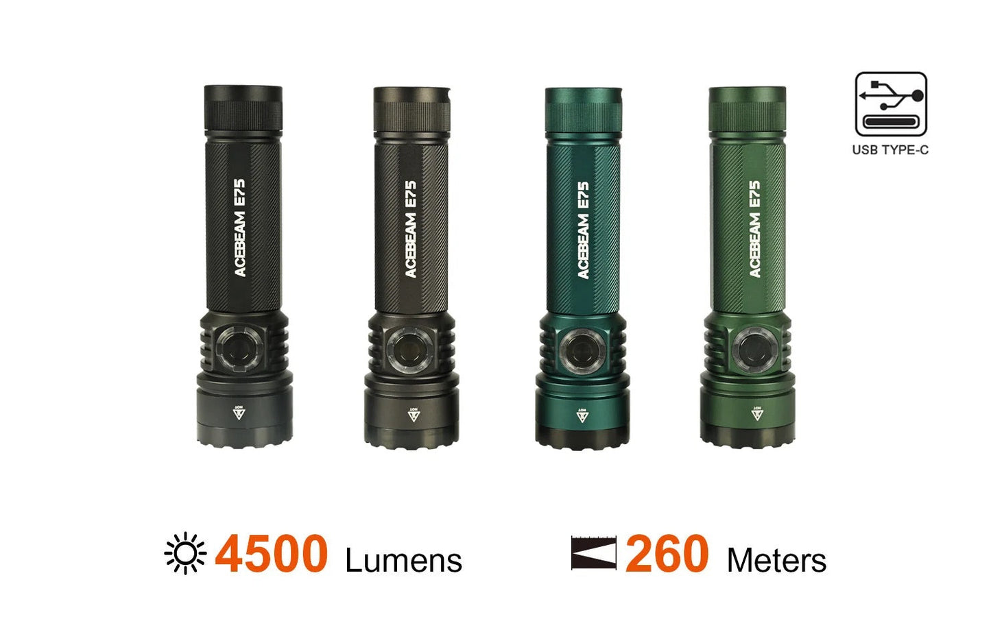 Acebeam E75 4,500-lumen USB-C rechargeable EDC flashlight, front view