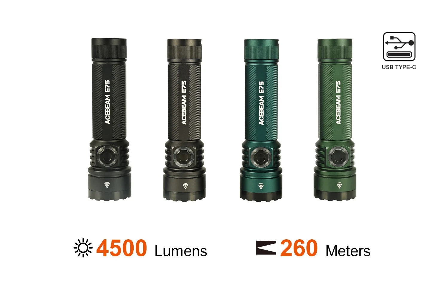 Acebeam E75 4,500-lumen USB-C rechargeable EDC flashlight, front view