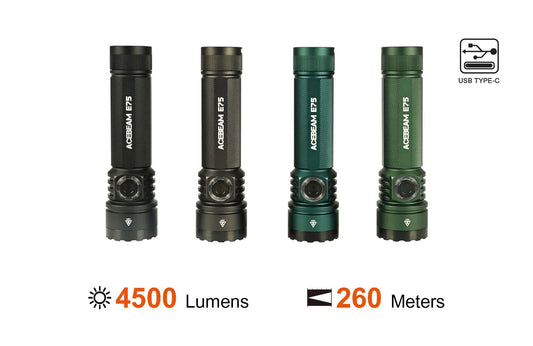 Acebeam E75 4,500-lumen USB-C rechargeable EDC flashlight, front view