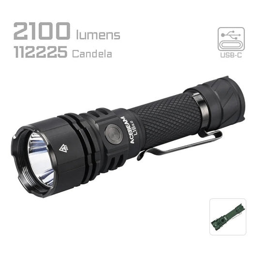 Acebeam L16 2.0 – 2100 Lumen Tactical Flashlight | 670m Throw, USB-C Rechargeable 21700 Battery | Neutral White 5000K
