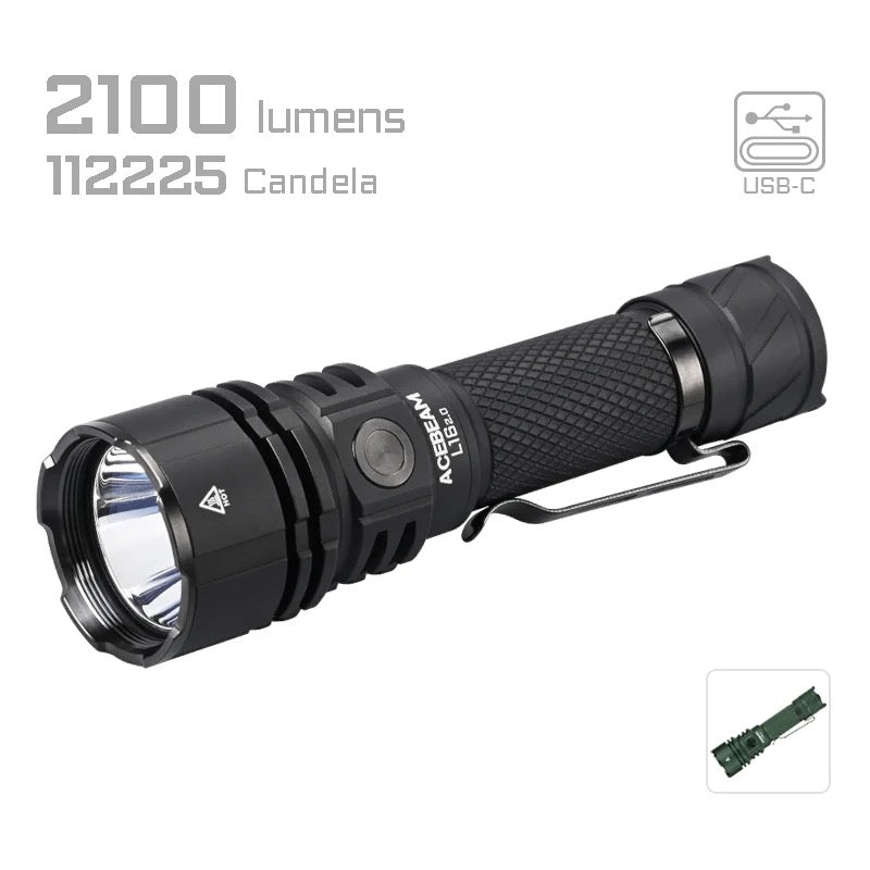 Acebeam L16 2.0 (L16-2.0-5000K) front view – 2,100 lumen SFT-40 neutral white tactical flashlight