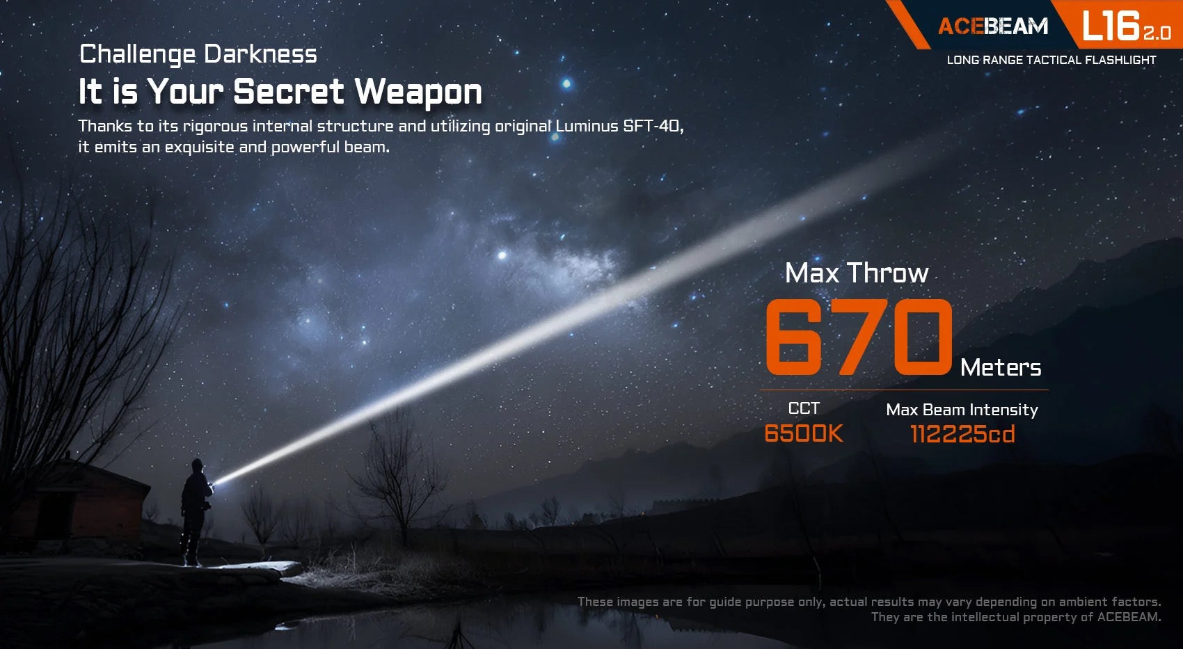 Acebeam L16 2.0 (L16-2.0-5000K) 670m long-throw beam view