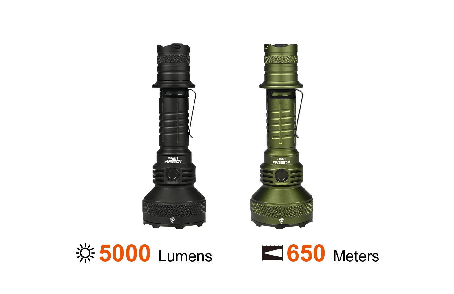 Acebeam L35 2.0 front view – 5000 lumen tactical flashlight in black and green