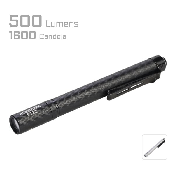 Black Acebeam PT20 500 Lumen 2-AAA EDC Penlight with LUXEON HL4X LED, showing the side profile with the brand name visible.