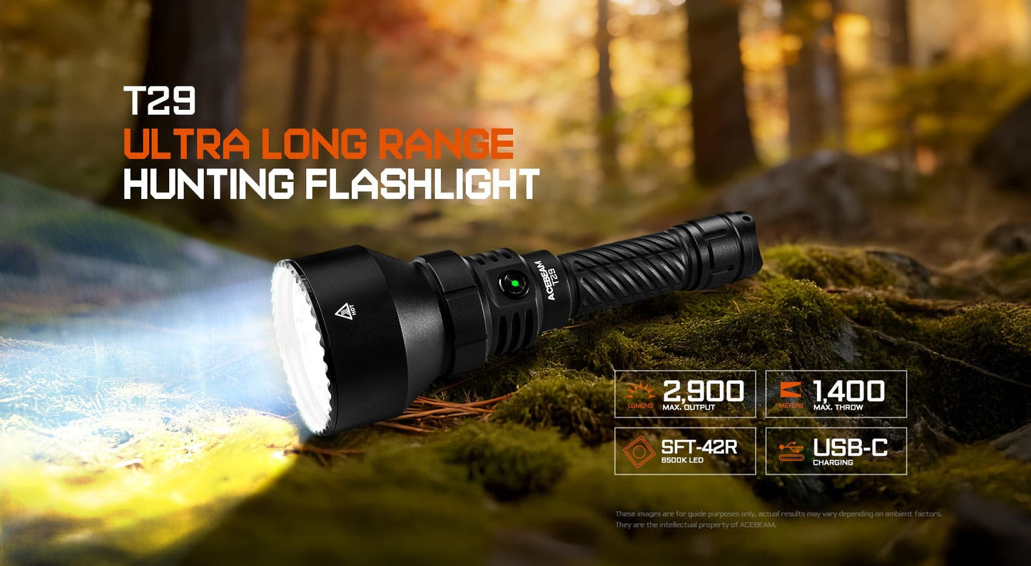 Acebeam T29 front view – 2,900 lumen long-range hunting flashlight