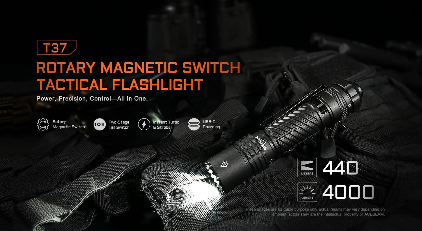 Acebeam T37 tactical flashlight rotary magnetic switch detail