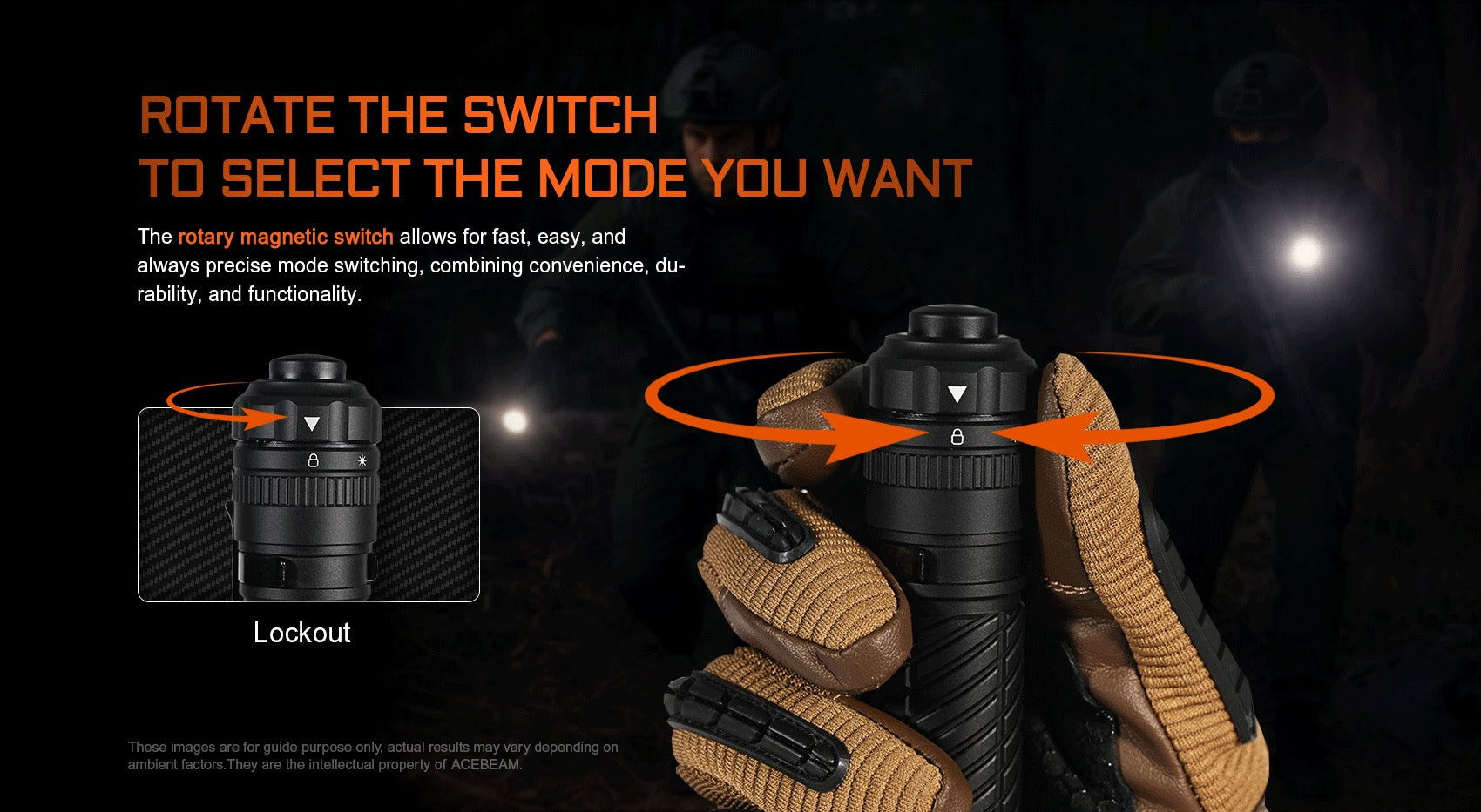 Acebeam T37 tactical flashlight two-stage tail switch held in hand