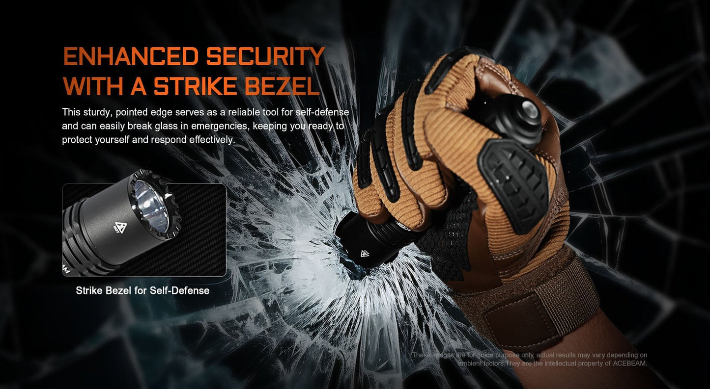 Acebeam T37 tactical flashlight stainless strike bezel detail