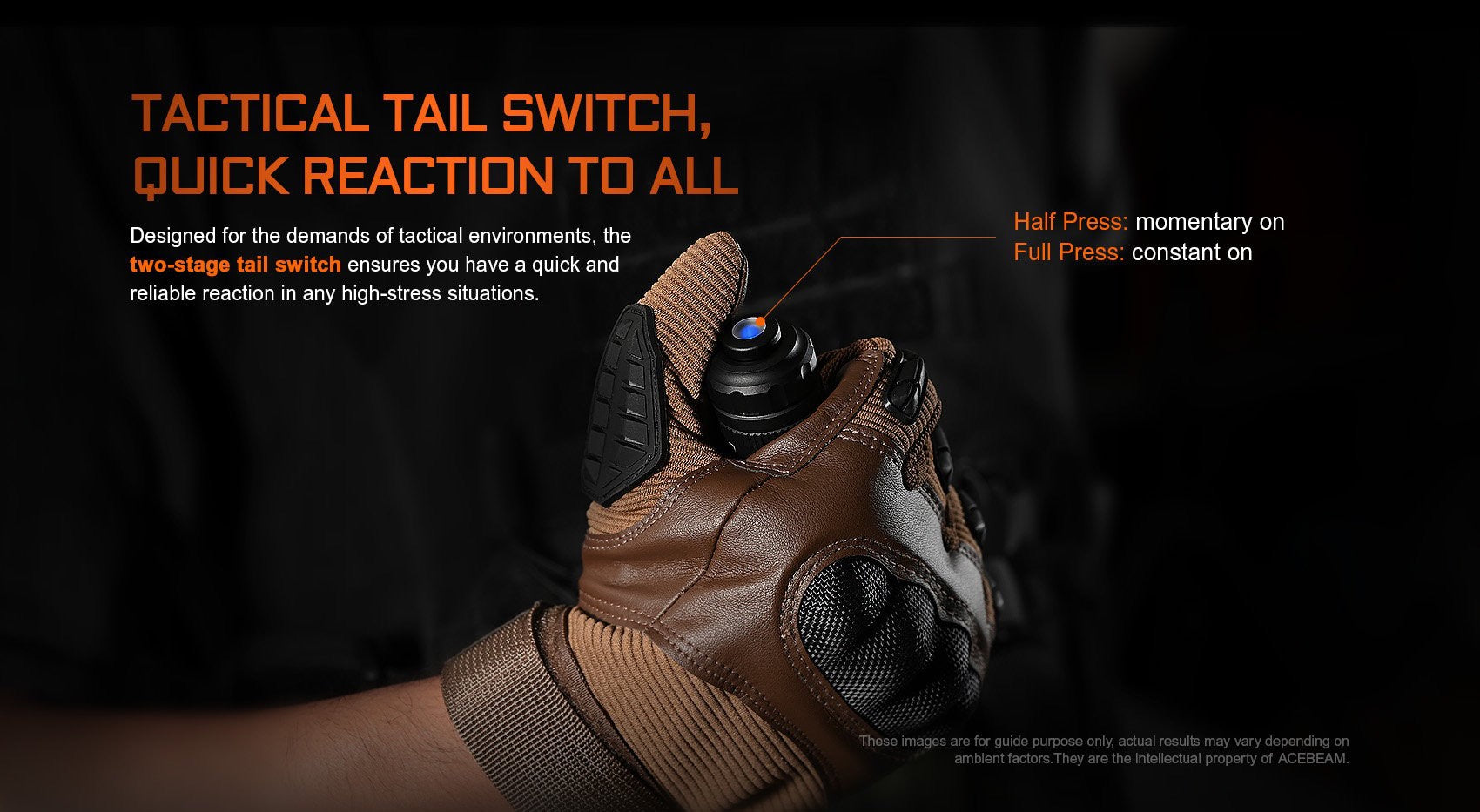 Acebeam T37 tactical flashlight tail switch detail