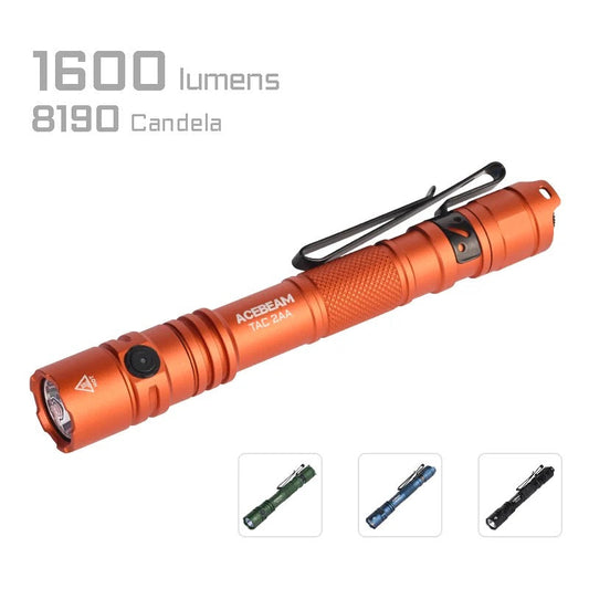 Acebeam TAC 2AA Orange TAC2AA-Orange front view – 1,600 lumen orange tactical penlight EDC flashlight