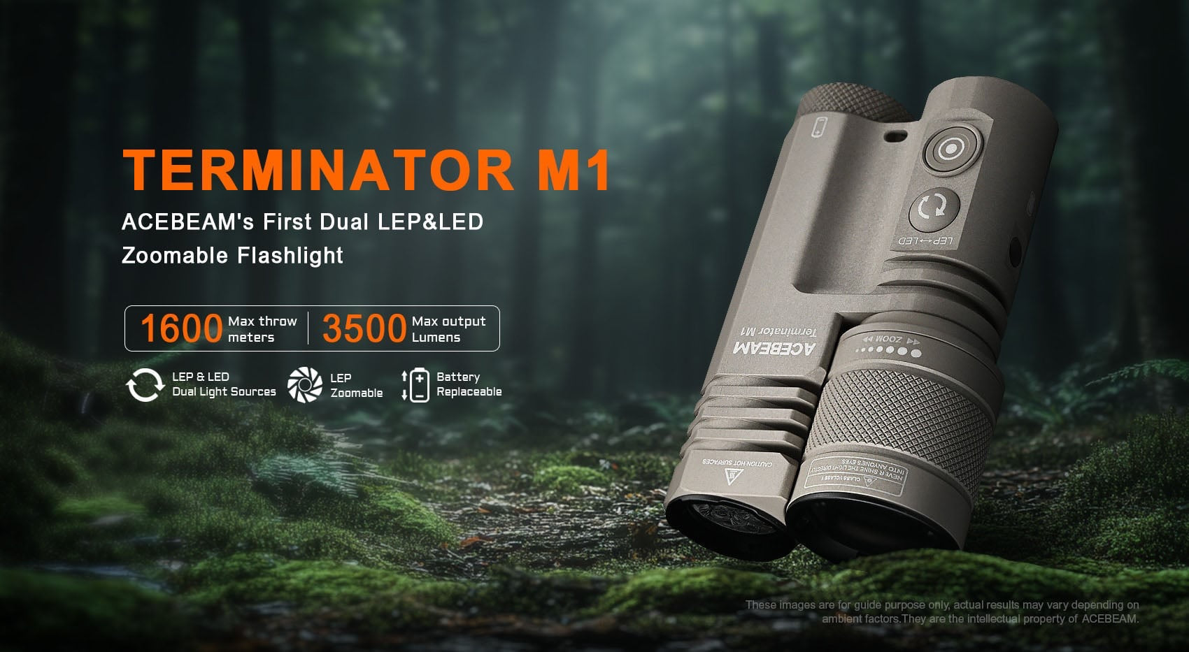 Acebeam Terminator M1 Desert Tan beam shot – 3500-lumen LED flood illumination
