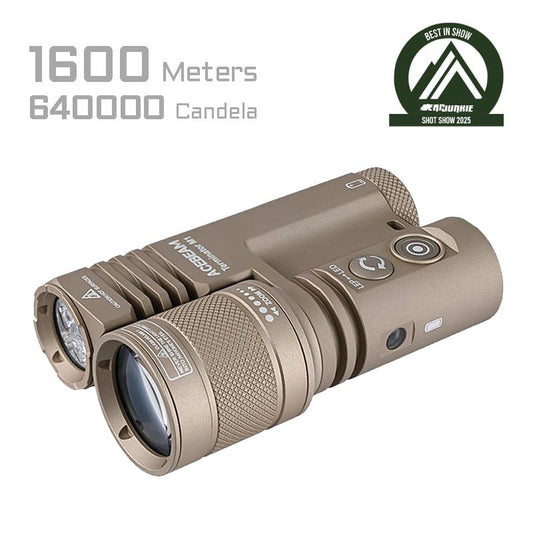 Acebeam Terminator M1 Desert Tan 5000K (M1-Desert 5000K) front view – 3,500 lumen neutral white LED/LEP flashlight