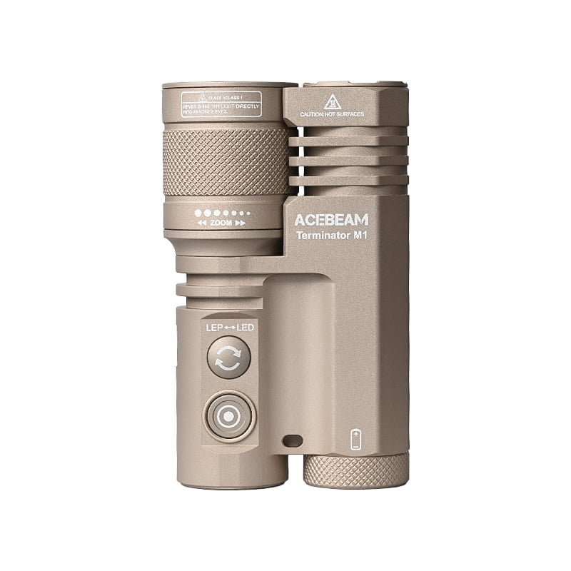 Acebeam Terminator M1 Desert Tan side profile showing LED and LEP heads