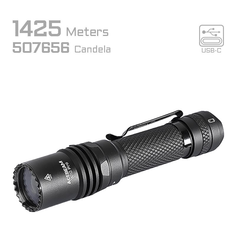 Acebeam W10 Pro (W10Pro-Black) front view – 750 lumen LEP tactical flashlight in black