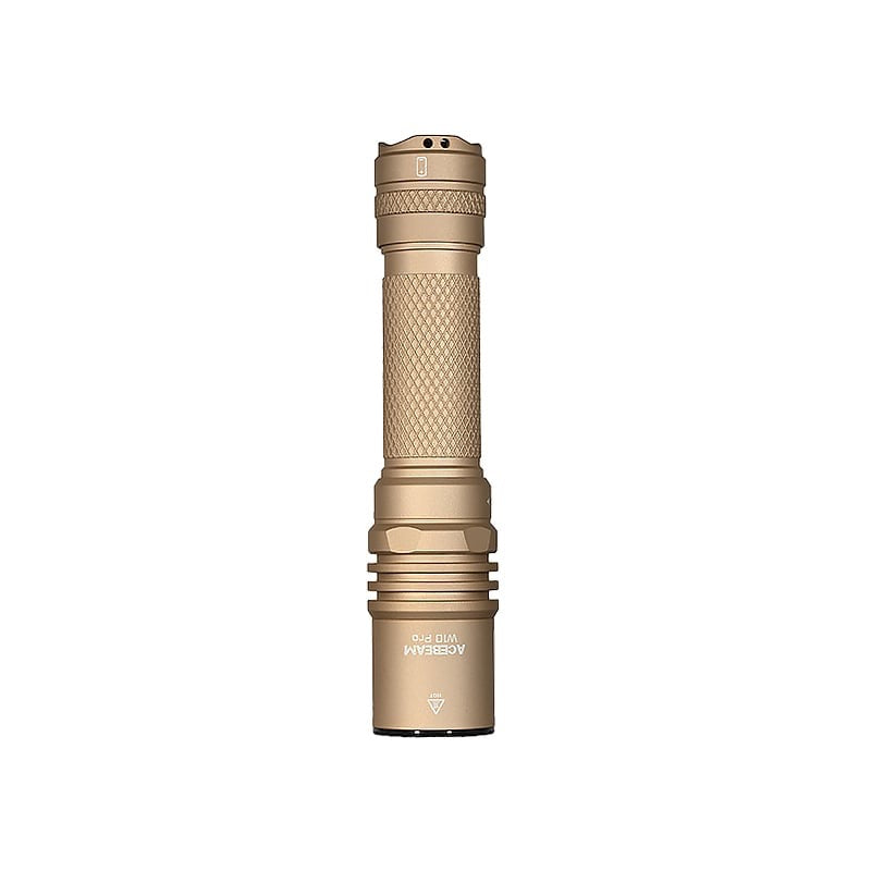 Acebeam W10 Pro LEP flashlight shown in desert tan colorway