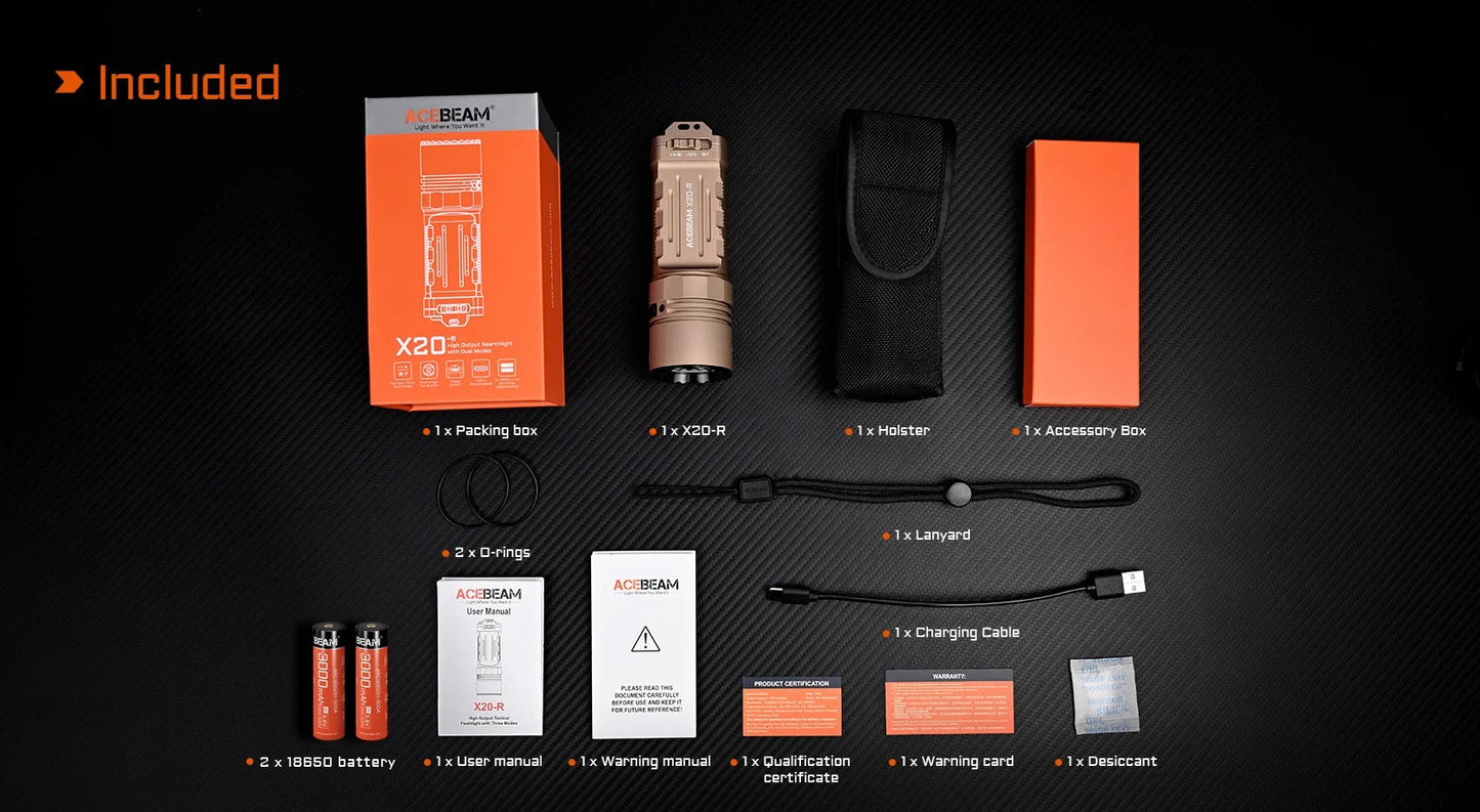 Acebeam X20-R – 8,000 Lumen Desert Tan Searchlight | USB-C Rechargeable Tactical Thrower