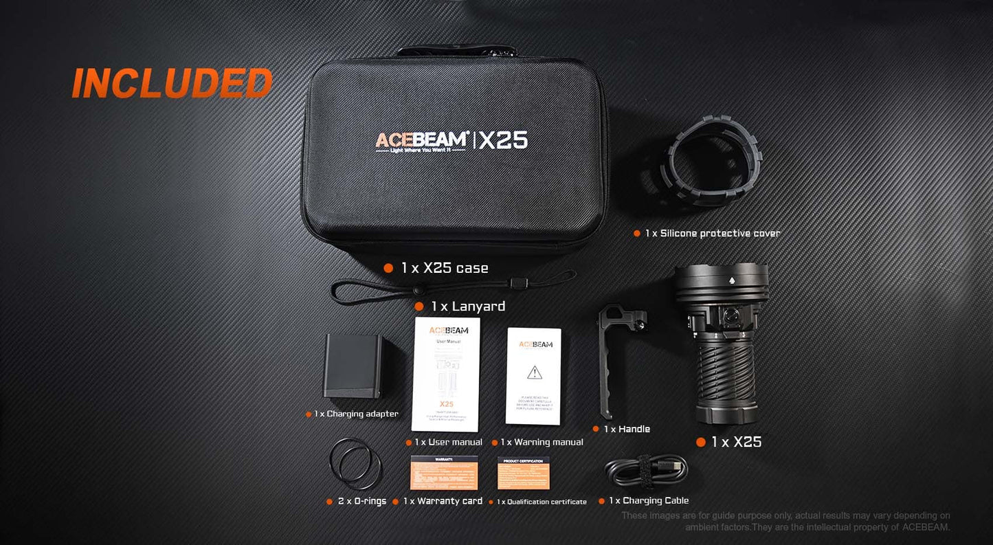 Acebeam X25 included accessories – carrying case, wrist strap, USB-C charger, and O-rings