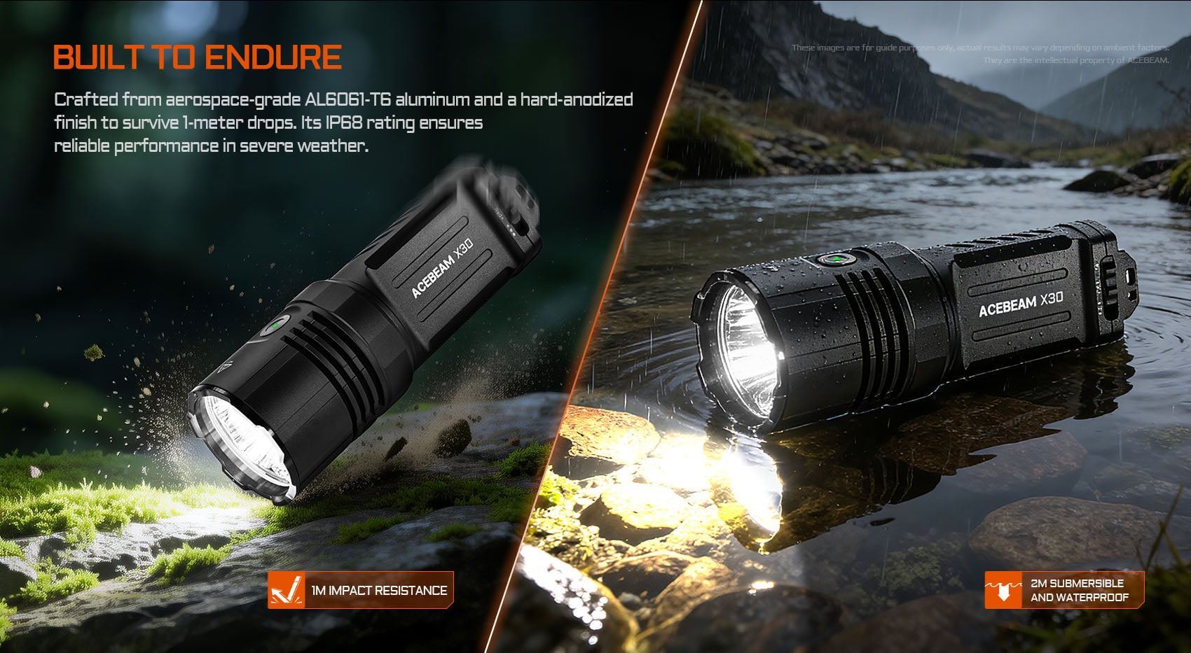 Acebeam X30 IP68 waterproof and drop resistant construction