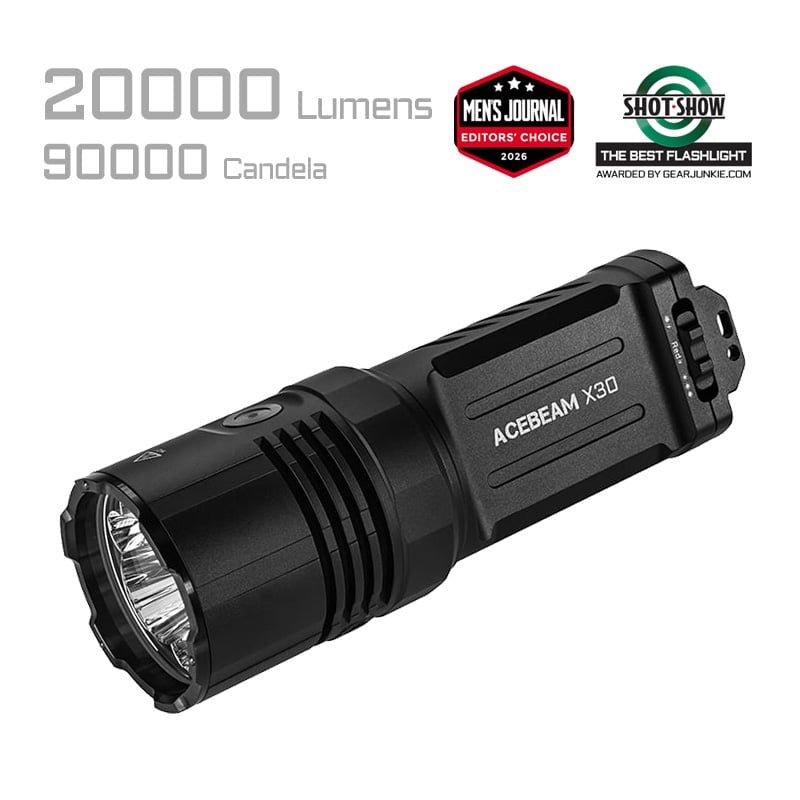 Acebeam X30 front view – 20,000 lumen dual-source search flashlight