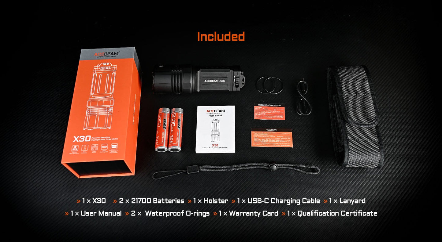 Acebeam X30 included Tabless 21700 batteries and package contents