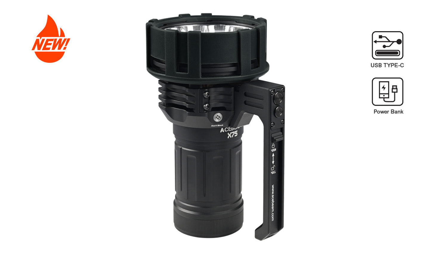 Acebeam X75 front view – 80,000 lumen searchlight flashlight