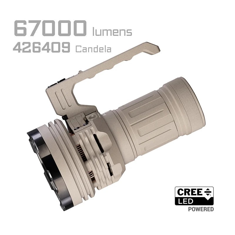 Acebeam X75 MAO high-output flashlight full front view showing 12 XHP70.3 LED head and MAO finish