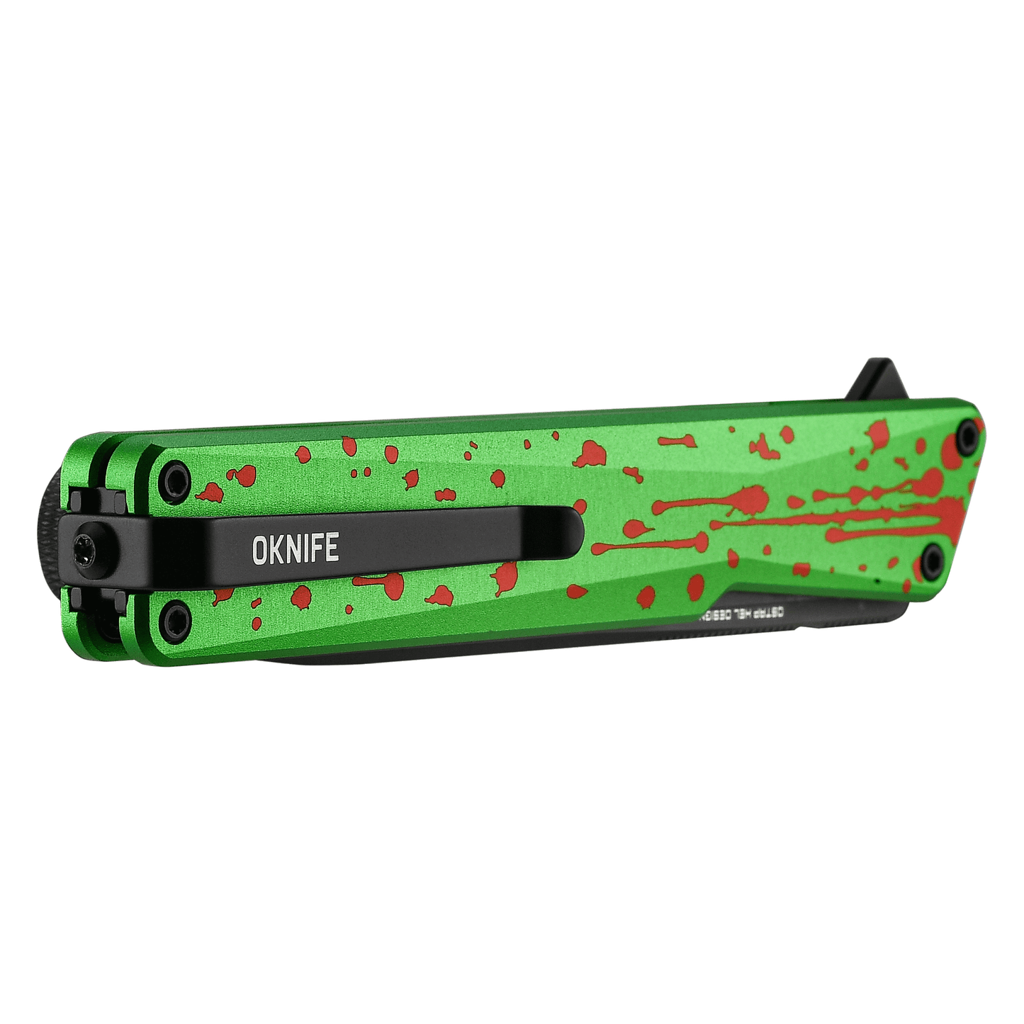 Oknife AION AION-ZombieGreen closed view showing Zombie Green splatter anodized aluminum handle
