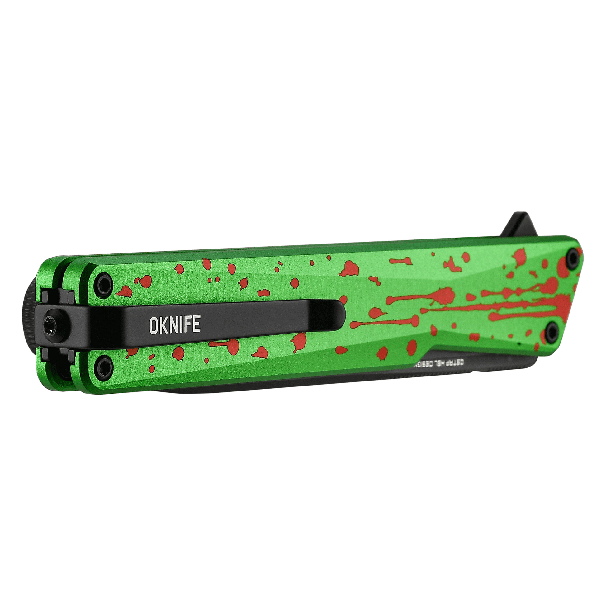 Oknife AION AION-ZombieGreen closed view showing Zombie Green splatter anodized aluminum handle