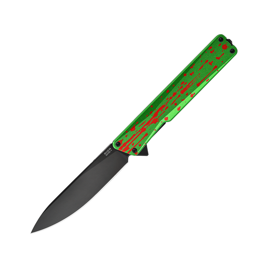 Oknife AION AION-ZombieGreen front view – 3.53" DLC Nitro-V drop point folding knife, Zombie Green anodized aluminum handle