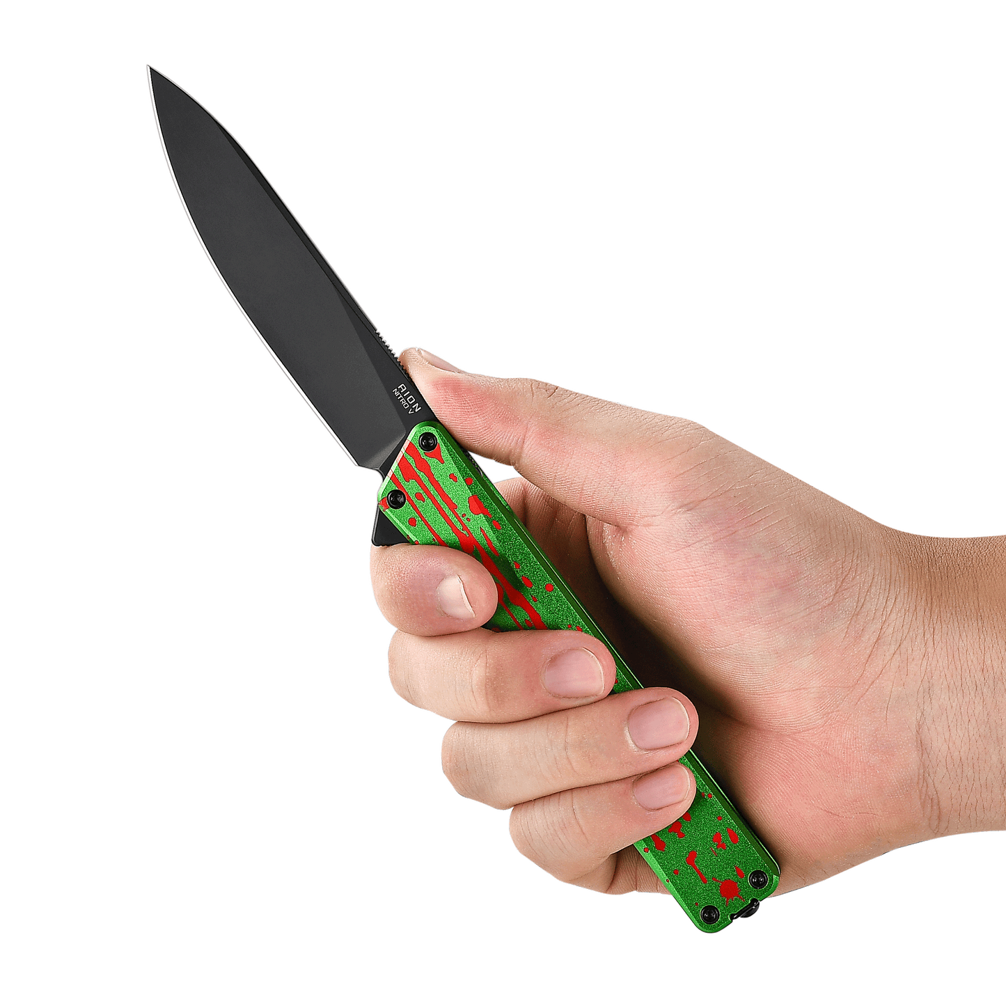Oknife AION AION-ZombieGreen in hand showing Zombie Green splatter anodized 6061-T6 aluminum handle scales