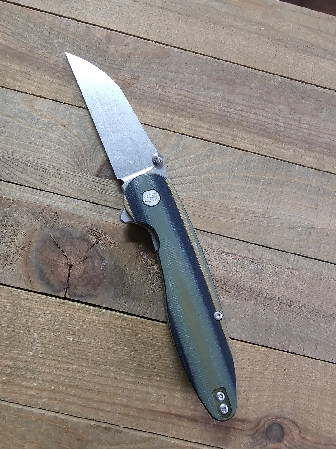 American Blade Works Model 1 V7 Wharncliffe Flipper Knife 3.25" MagnaCut — Contoured Camo G-10, USA-Made