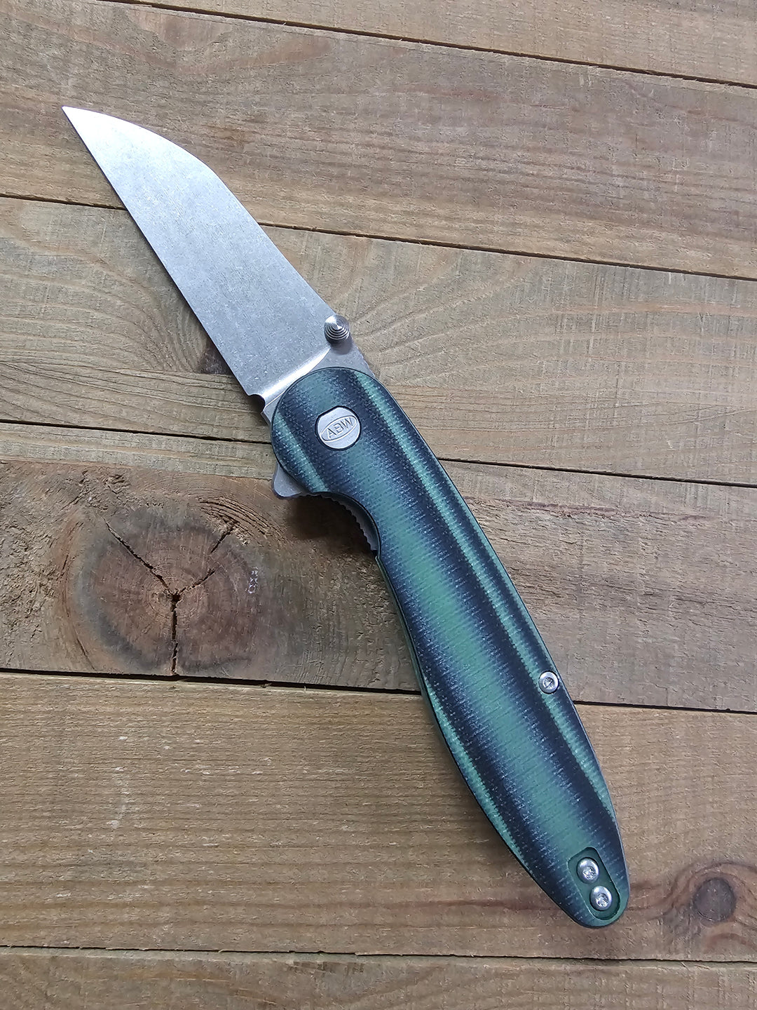 American Blade Works Model 1 V7 Wharncliffe Flipper Knife 3.25" MagnaCut — Contoured Green/Black G-10, USA-Made