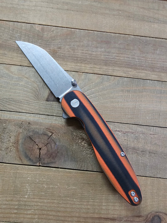 American Blade Works Model 1 V7 Wharncliffe Flipper Knife 3.25" MagnaCut — Contoured Orange/Black G-10, USA-Made