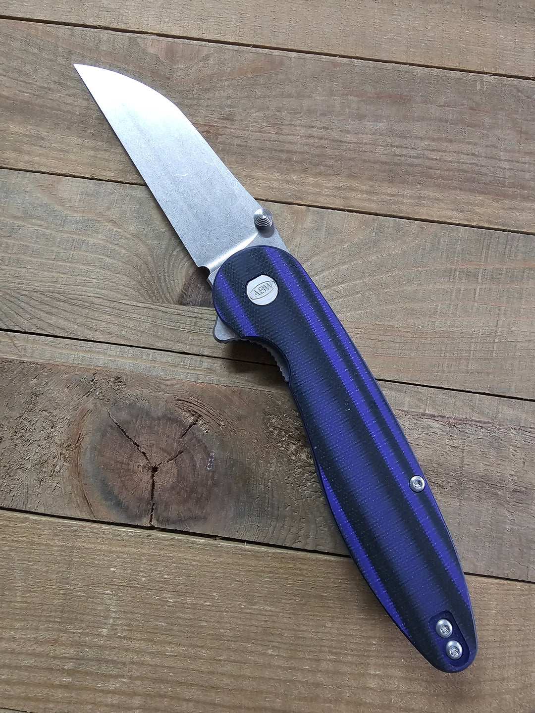 American Blade Works Model 1 V7 Wharncliffe Flipper Knife 3.25" MagnaCut — Contoured Purple/Black G-10, USA-Made