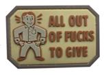 All Out Of F*cks To Give Morale Patch AOT-TN front view – 2.95″ x 2.01″ tan 3D PVC patch with empty-pockets cartoon