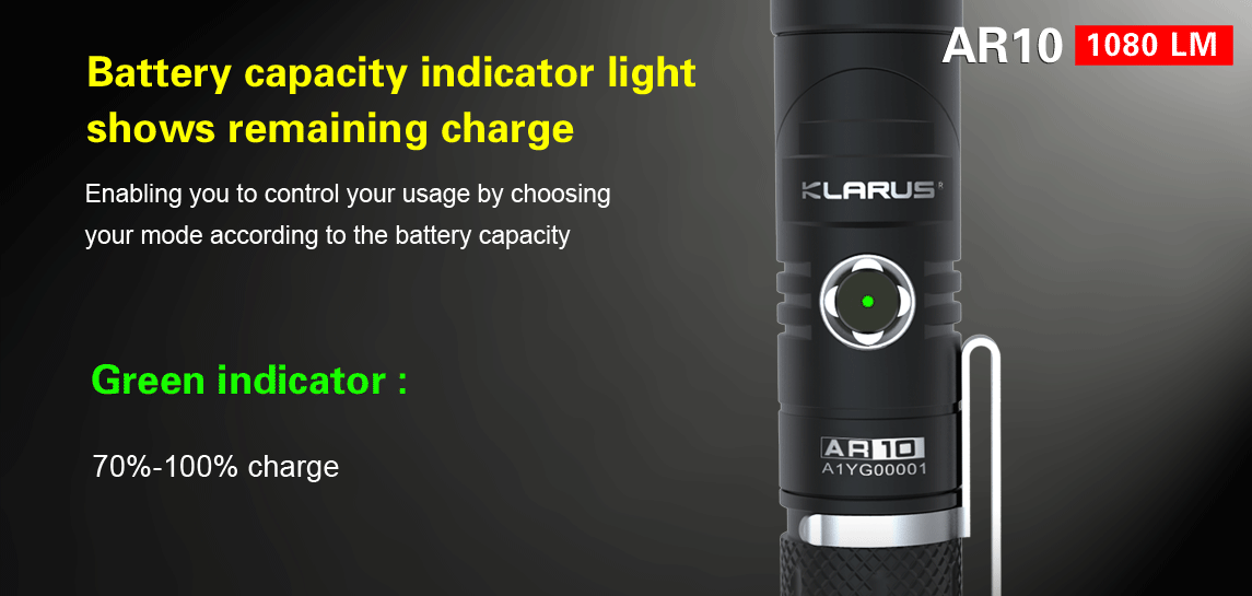Klarus AR10 1x 18650 1080 Lumens CREE XM-L2 U2 LED Flashlight