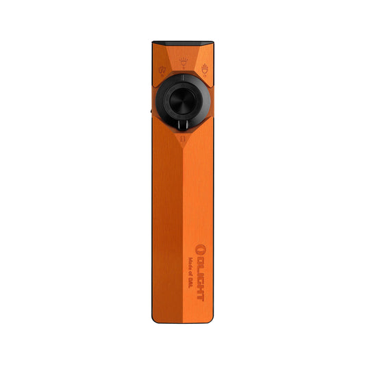 Olight ArkPro Ultra Amber Orange front view – 1,700 lumen flat EDC flashlight with flood, spot, UV and green laser