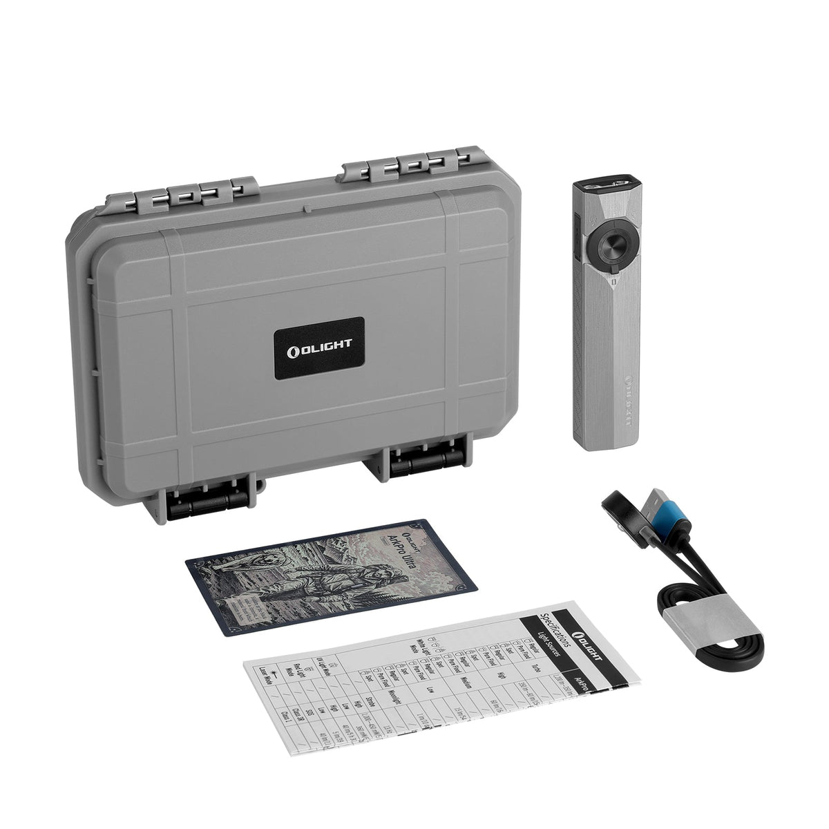 Olight ArkPro Ultra Titanium C.O.R.E. No.3 included accessories – case, MCC charging cable, manual and card
