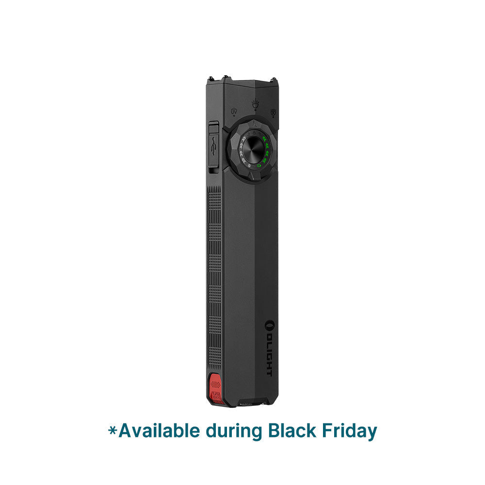 Olight ArkTac Black front view – 1,700 lumen flat tactical flashlight with flood, spot, red and UV