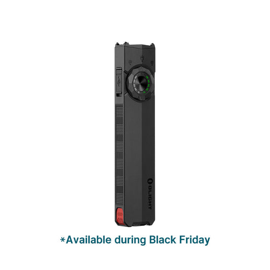 Olight ArkTac Black front view – 1,700 lumen flat tactical flashlight with flood, spot, red and UV