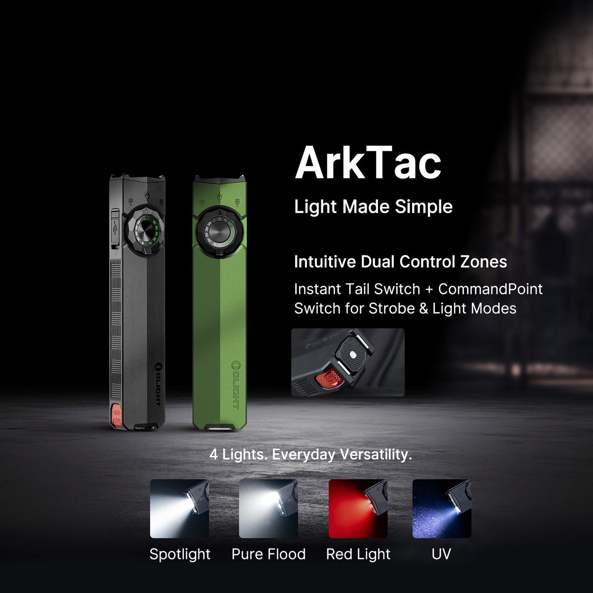 Olight ArkTac Black light modes – spotlight, floodlight, red light and UV with dual control switch