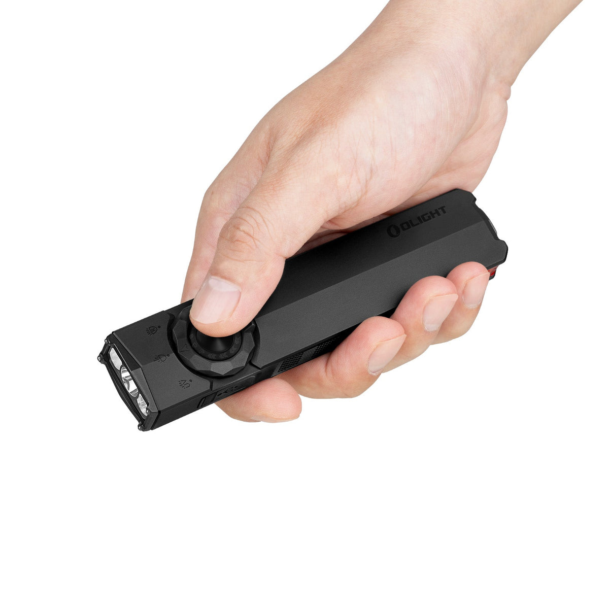 Olight ArkTac Black held in hand with thumb on selector switch