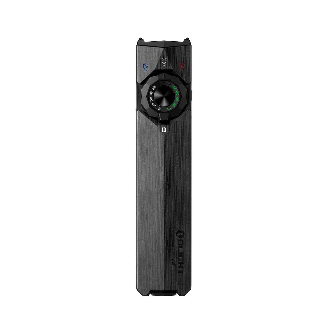 Olight ArkTac Ultra Black front view – 1,800 lumen flat tactical flashlight with flood, spot, red, UV and green laser