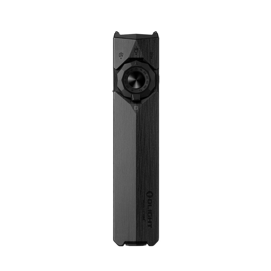 Olight ArkTac Ultra Black front view with light selector wheel and illuminated indicators