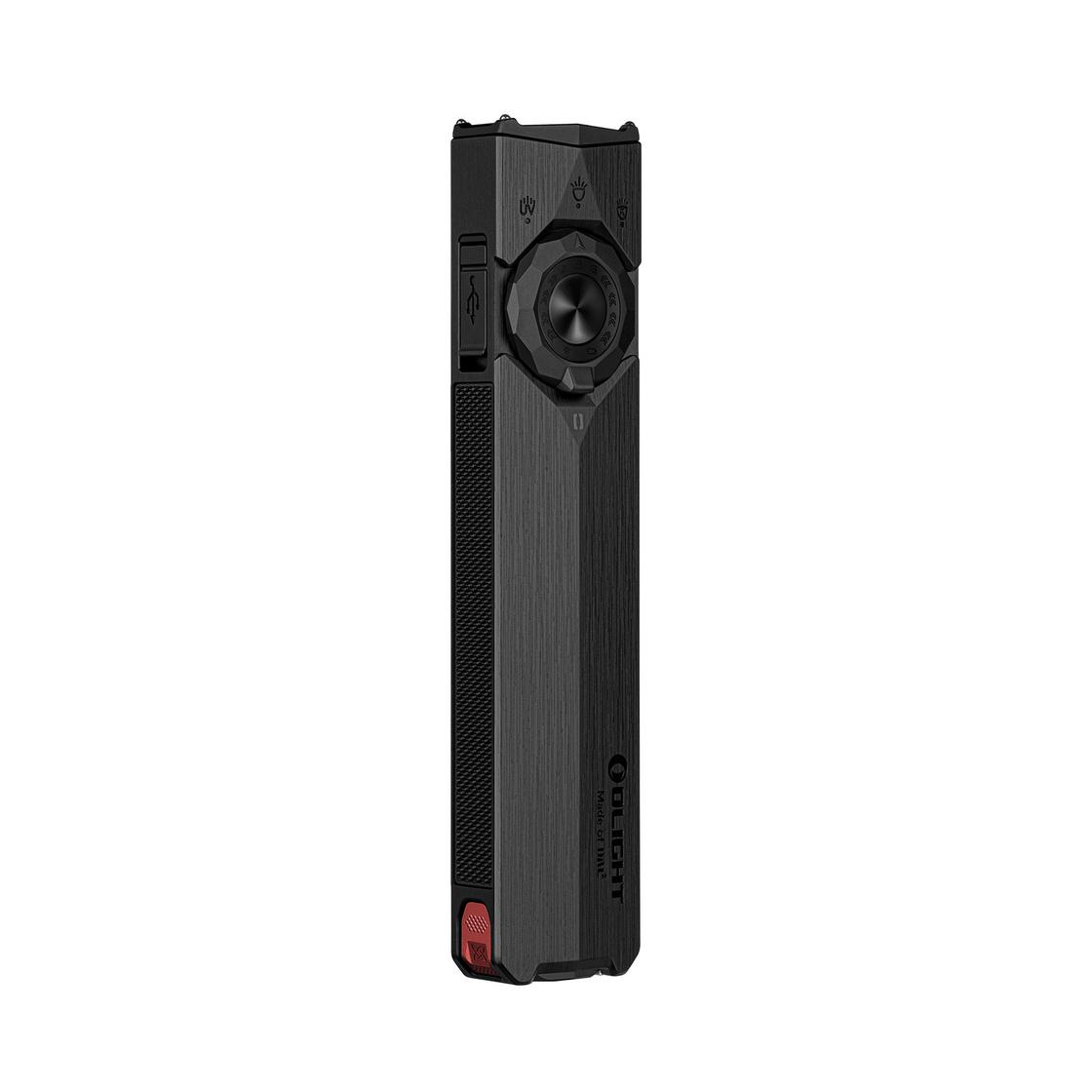 Olight ArkTac Ultra Premium Black front view – 1,800 lumen flat tactical flashlight with flood, spot, red, UV and green laser